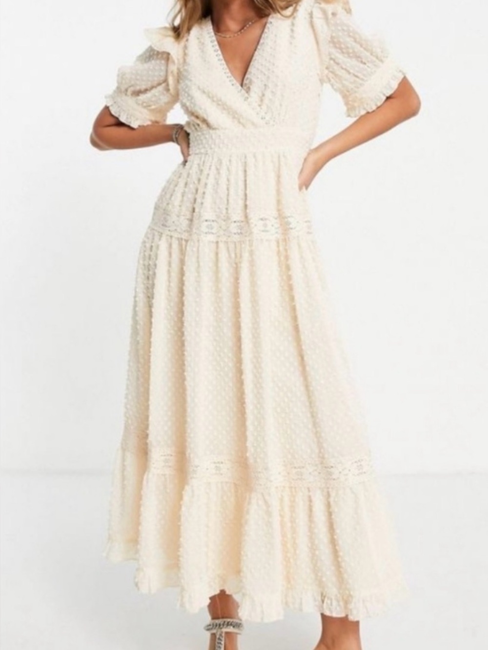 ASOS Design Cream Maxi Dress, Puff Sleeves, Lace, Ruffles, Cottagecore, Size: 2.
